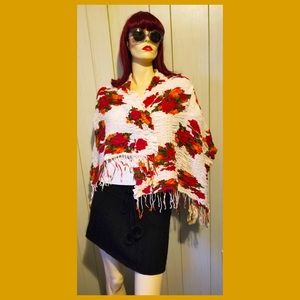 Retro Chic Abstract Floral Print Boho Fringe Smocked Shawl Scarf Wrap